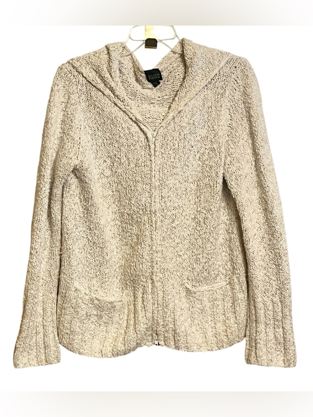 Eileen Fisher Hooded Zip Front Nubby Knit Cream Cardigan Women’s medium